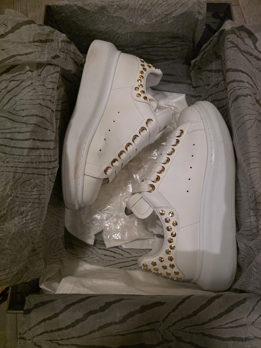Alexander McQueen White Platform Sneakers with Gold Studs